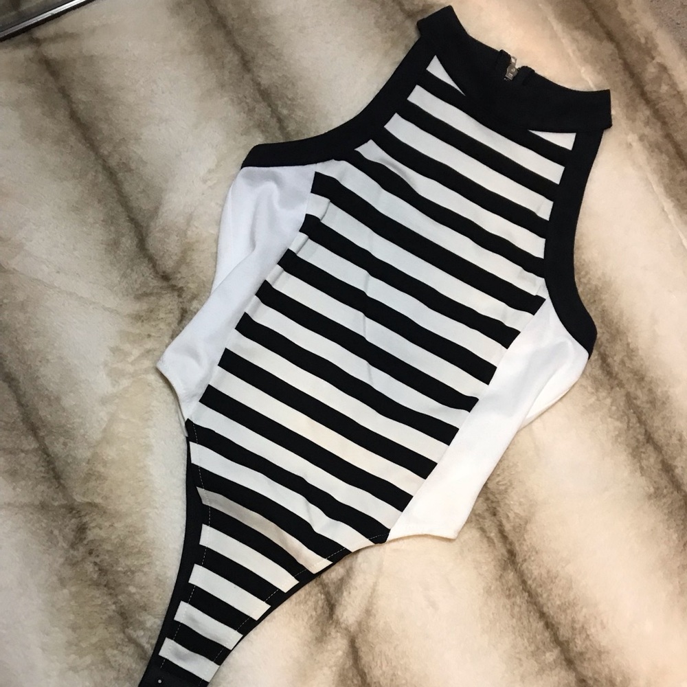 Striped black & white body suit